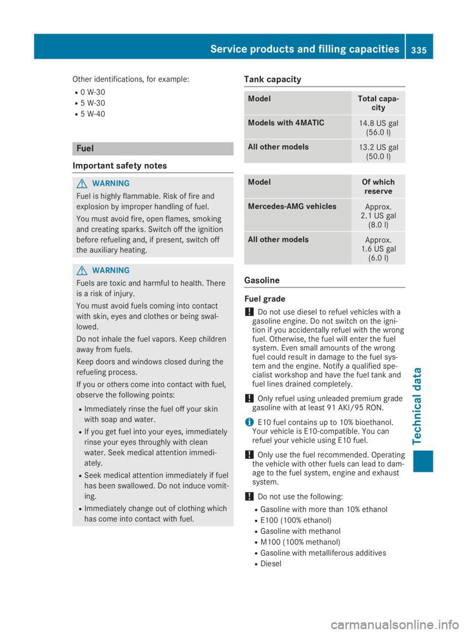 MERCEDES-BENZ GLA 2019  Owners Manual Other identifications, for example:
R0 W-30
R5 W-30
R5 W-40
Fuel
Important safety notes
GWARNING
Fuel is highly flammable. Risk of fire and
explosion by improper handling of fuel.
You must avoid fire,