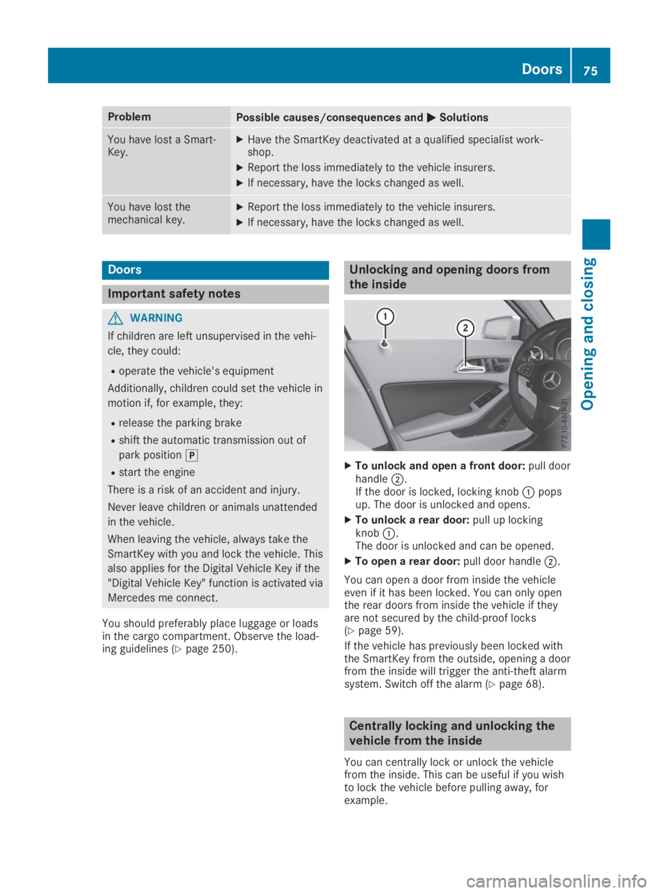 MERCEDES-BENZ GLA 2019 Manual PDF ProblemPossible causes/consequences and�P�PSolutions
You have lost a Smart-Key.XHave the SmartKey deactivated at a qualified specialist work-shop.
XReport the loss immediately to the vehicle insurers.