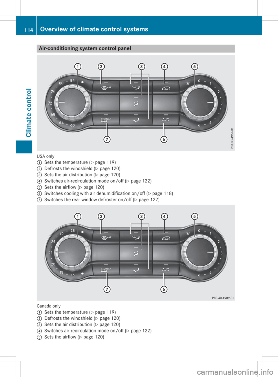 MERCEDES-BENZ GLA 2020 Owners Manual Air
-con ditionin gsys tem controlpanel US
Aon ly
0043 Setsthete mpe rature (Ypage 119)
0044 Defrost sth ewin dsh ield (Ypage 120)
0087 Setstheair dist ribution (Ypage 120)
0085 Switches air-recircula MERCEDES-BENZ GLA 2020 Owners Manual Air
-con ditionin gsys tem controlpanel US
Aon ly
0043 Setsthete mpe rature (Ypage 119)
0044 Defrost sth ewin dsh ield (Ypage 120)
0087 Setstheair dist ribution (Ypage 120)
0085 Switches air-recircula