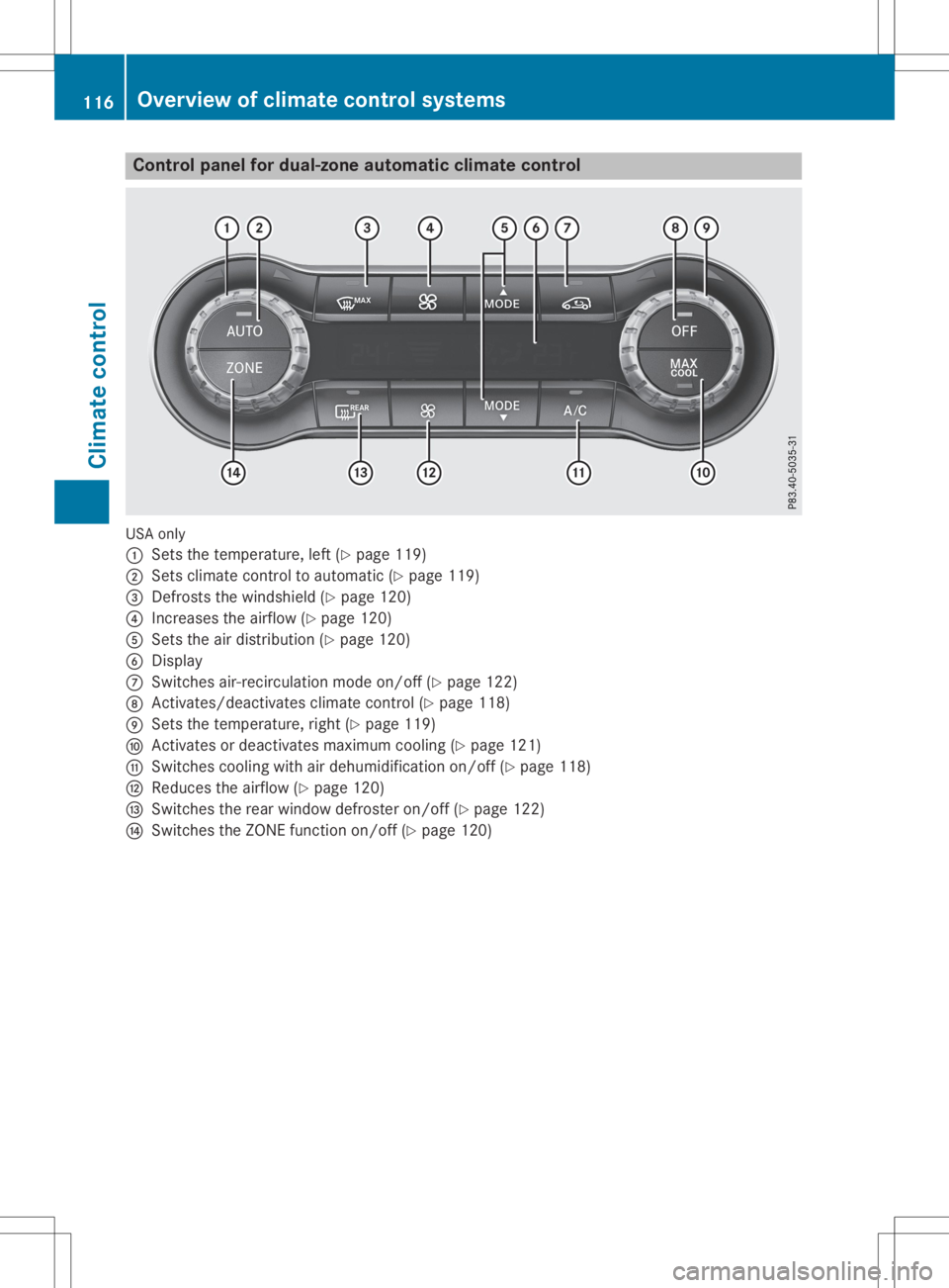 MERCEDES-BENZ GLA 2020 Owners Manual Cont
rolpanel fordual-zone autom atic clim atecont rol US
Aon ly
0043 Setsth ete mper ature,left (Ypage 119)
0044 Setsclim atecontrol to auto matic(Y page 119)
0087 Defrost sth ewind shield(Y page 120 MERCEDES-BENZ GLA 2020 Owners Manual Cont
rolpanel fordual-zone autom atic clim atecont rol US
Aon ly
0043 Setsth ete mper ature,left (Ypage 119)
0044 Setsclim atecontrol to auto matic(Y page 119)
0087 Defrost sth ewind shield(Y page 120