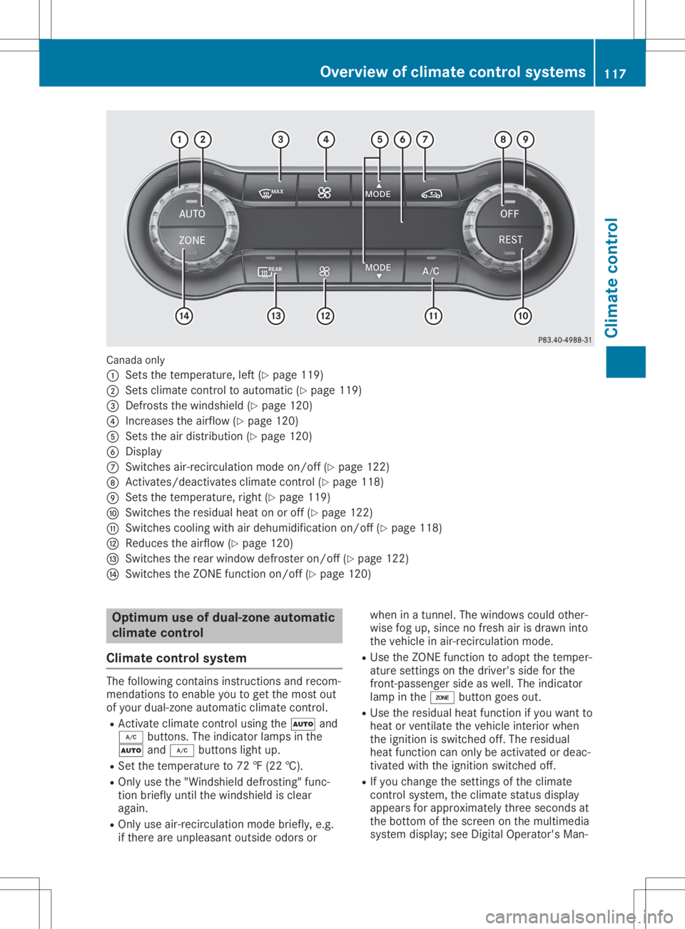 MERCEDES-BENZ GLA 2020 Owners Manual Canada
only
0043 Setsth ete mper ature,left (Ypage 119)
0044 Setsclim atecontrol to auto matic(Y page 119)
0087 Defrost sth ewind shield(Y page 120)
0085 Incr eases theairf low (Ypage 120)
0083 Setsth MERCEDES-BENZ GLA 2020 Owners Manual Canada
only
0043 Setsth ete mper ature,left (Ypage 119)
0044 Setsclim atecontrol to auto matic(Y page 119)
0087 Defrost sth ewind shield(Y page 120)
0085 Incr eases theairf low (Ypage 120)
0083 Setsth