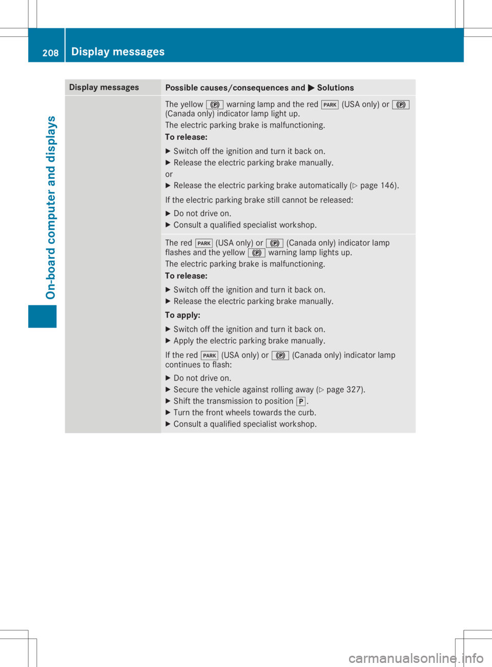 MERCEDES-BENZ GLA 2020  Owners Manual Disp
laymes sages Poss
iblecauses/co nsequences and 0050 0050
Solu tions The
yellow 0024warninglamp andthered 0049 (USAon ly) or0024
(Can adaonly) ind icat orlamp lightup.
The electric park ingbrak ei