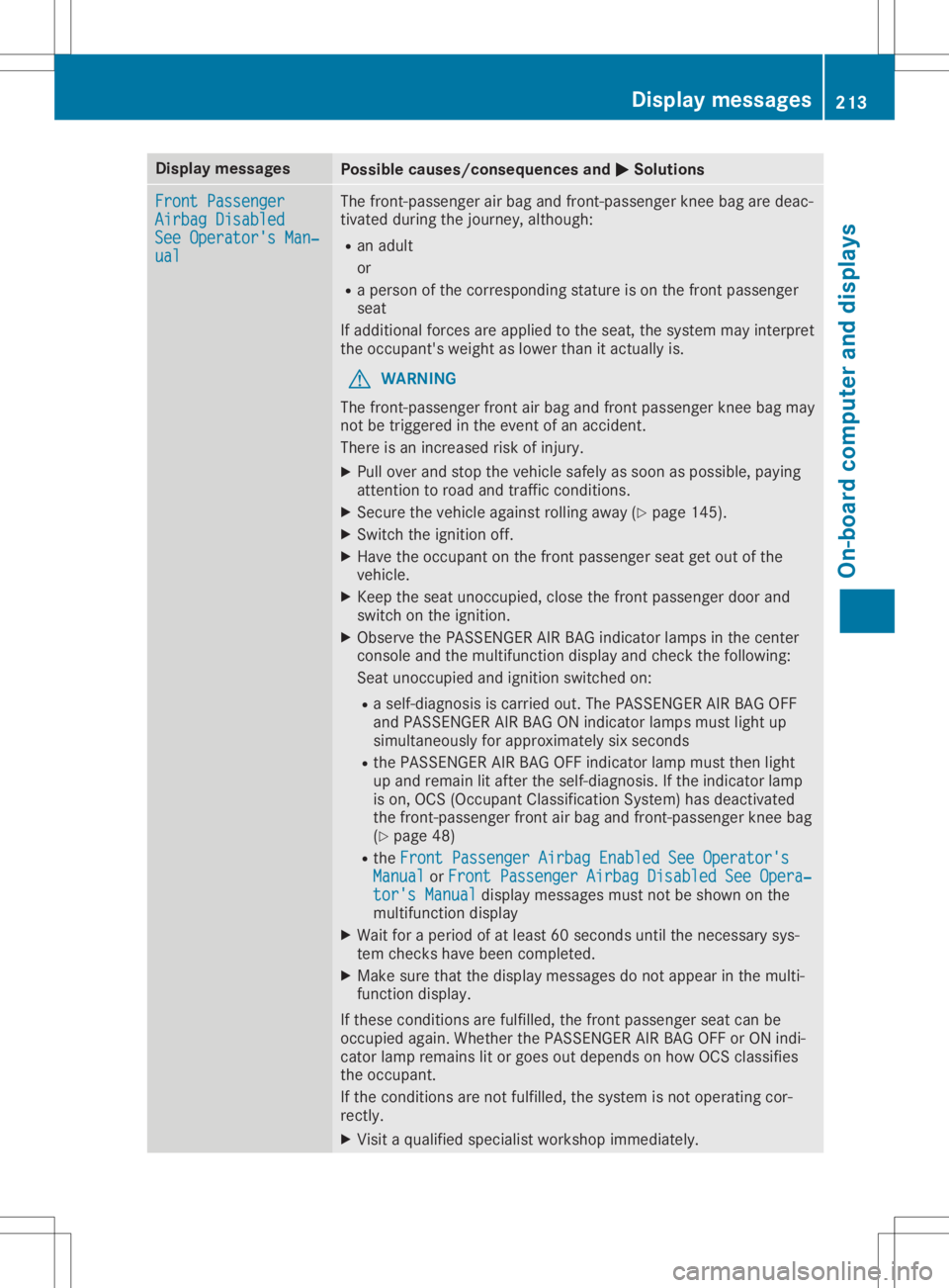 MERCEDES-BENZ GLA 2020 Owners Manual Disp
laymes sages Poss
iblecauses/co nsequences and 0050 0050
Solu tions Fro
ntPassenger Fro
ntPassenger
Air bag Disabled Air
bag Disabled
See Operator'sMan ‐ See
Operator'sMan ‐
ual ual T MERCEDES-BENZ GLA 2020 Owners Manual Disp
laymes sages Poss
iblecauses/co nsequences and 0050 0050
Solu tions Fro
ntPassenger Fro
ntPassenger
Air bag Disabled Air
bag Disabled
See Operator'sMan ‐ See
Operator'sMan ‐
ual ual T