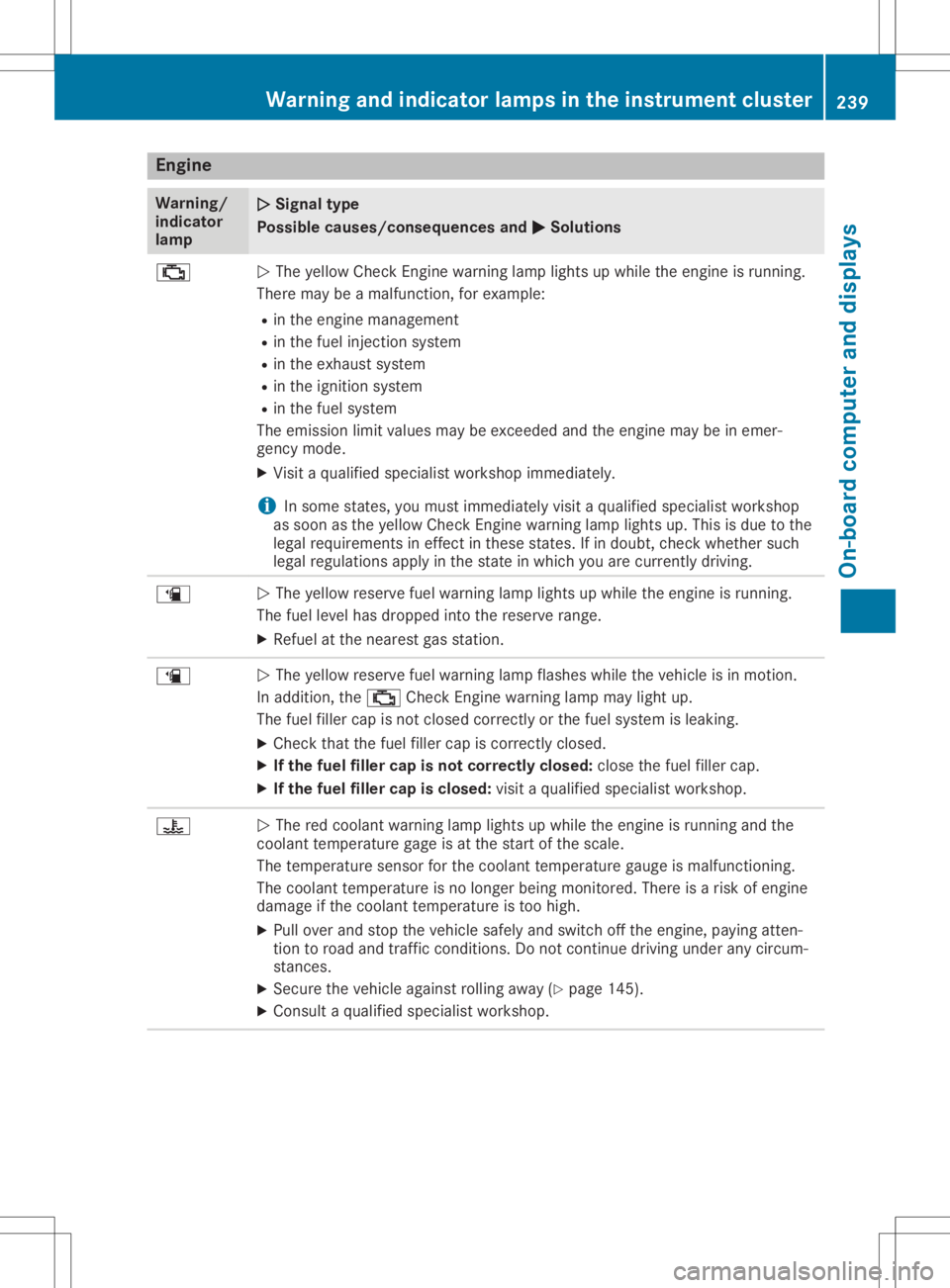 MERCEDES-BENZ GLA 2020 Owners Manual Engine
Wa
rning/
ind icat or
lam p 00510051
Signa lty pe
Possi blecauses/cons equences and0050 0050
Solu tions 00B9
0051
The yellow CheckEn gin ewarn inglamp lightsup while theeng ineisrun ning.
Ther MERCEDES-BENZ GLA 2020 Owners Manual Engine
Wa
rning/
ind icat or
lam p 00510051
Signa lty pe
Possi blecauses/cons equences and0050 0050
Solu tions 00B9
0051
The yellow CheckEn gin ewarn inglamp lightsup while theeng ineisrun ning.
Ther