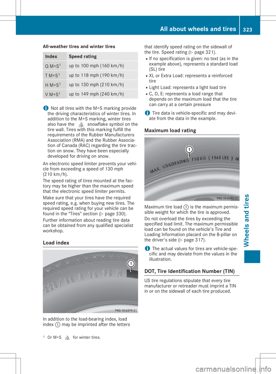 MERCEDES-BENZ GLA 2020 Owners Manual All-wea
ther tires and wint ertires Inde
x Sp
eed ratin g Q
M+S 1 up
to100mph (160km /h) T
M+S 1 up
to118mph (190km /h) H
M+S 1 up
to130mph (210km /h) V
M+S 1 up
to149mph (240km /h) i
Not
alltires wit MERCEDES-BENZ GLA 2020 Owners Manual All-wea
ther tires and wint ertires Inde
x Sp
eed ratin g Q
M+S 1 up
to100mph (160km /h) T
M+S 1 up
to118mph (190km /h) H
M+S 1 up
to130mph (210km /h) V
M+S 1 up
to149mph (240km /h) i
Not
alltires wit