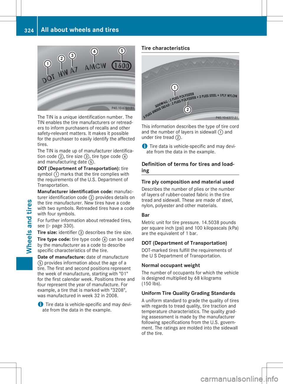 MERCEDES-BENZ GLA 2020 Owners Manual The
TINisaunique identific ationnumber. The
TIN enables thetire manufact urersorretread-
ers toinform purchasers ofrecalls andother
safety-relevan tmatter s.Itmakes itpossible
for the purchaser toeasi MERCEDES-BENZ GLA 2020 Owners Manual The
TINisaunique identific ationnumber. The
TIN enables thetire manufact urersorretread-
ers toinform purchasers ofrecalls andother
safety-relevan tmatter s.Itmakes itpossible
for the purchaser toeasi