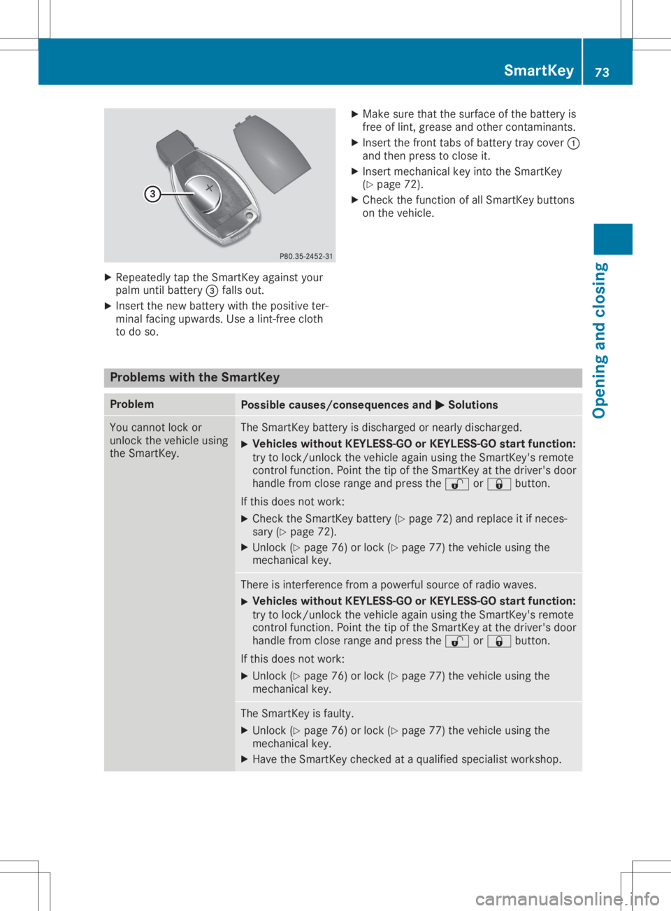 MERCEDES-BENZ GLA 2020 Manual PDF X
Repeat edlytaptheSm artKey again styour
palm untilbat tery 0087 falls out.
X Inser tth ene wbat tery wit hth epos itive ter-
min alfac ing upwar ds.Use alin t-fr ee cloth
to do so. X
Mak esur eth at MERCEDES-BENZ GLA 2020 Manual PDF X
Repeat edlytaptheSm artKey again styour
palm untilbat tery 0087 falls out.
X Inser tth ene wbat tery wit hth epos itive ter-
min alfac ing upwar ds.Use alin t-fr ee cloth
to do so. X
Mak esur eth at