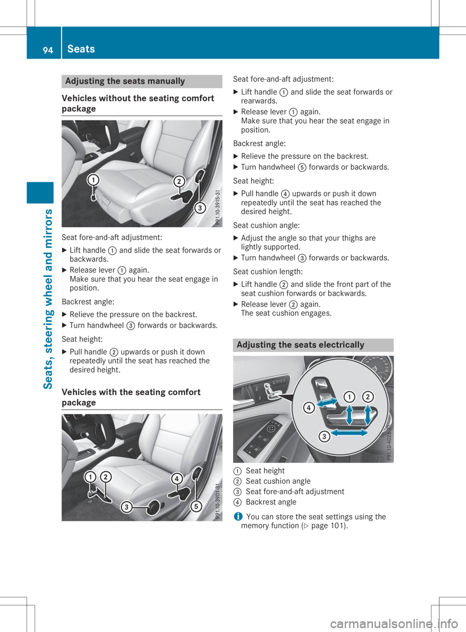 MERCEDES-BENZ GLA 2020  Owners Manual Adj
usting thesea tsma nua lly
Veh icles withoutthesea ting com fort
pa cka ge Se
at for e-and -aftadj ust men t:
X Lif than dle0043and slideth eseat forward sor
bac kwa rds.
X Releas elev er0043 agai