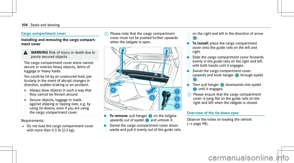 MERCEDES-BENZ GLA 2021  Owners Manual �C�a�r�g�o��c�o�m�p�a�r�t�m�e�n�t��c�o�v�e�r
�I�n�s�t�a�l�l�i�n�g��a�n�d��r�e�m�o�v�i�n�g��t�h�e��c�a�r�g�o��c�o�m�p�a�r�t