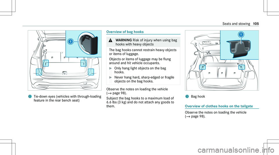 MERCEDES-BENZ GLA 2021  Owners Manual �1�T�i�e�-�d�o�w�n� �e�y�e�s� �(�v�e�h�i�c�l�e�s� �w�i�t�h� �t�h�r�o�u�g�h�-�l�o�a�d�i�n�g
�f�e�a�t�u�r�e� �i�n� �t�h�e� �r�e�a�r� �b�e�n�c�h� �s�e�a�t�)�O�v�e�r�v�i�e�w��o�f��b�a�g��h�o�o�k�s�&�W�
