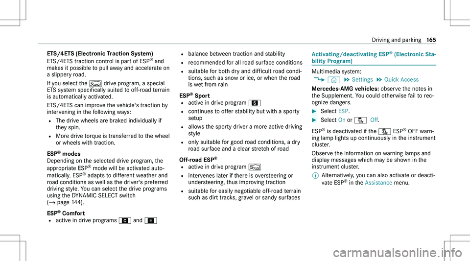 MERCEDES-BENZ GLA 2021  Owners Manual �E�T�S�/�4�E�T�S��(�E�l�e�c�t�r�o�n�i�c��T�r�a�c�t�i�o�n��S�y�s�t�e�m�)
�E�T�S�/�4�E�T�S� �t�r�a�c�t�i�o�n� �c�o�n�t�r�o�l� �i�s� �p�a�r�t� �o�f� �E�S�P �