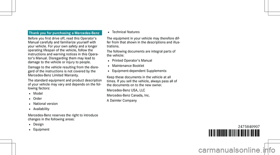MERCEDES-BENZ GLA 2021  Owners Manual �T�h�a�n�k��y�o�u��f�o�r��p�u�r�c�h�a�s�i�n�g��a��M�e�r�c�e�d�e�s�-�B�e�n�z
�B�e�f�o�r�e� �y�o�u� �f�i�r�s�t� �d�r�i�v�e� �o�f�f�,� �r�e�a�d� �t�h�i�s� �O�p�e�r�a�t�o�r�'�s
�M�a�n�u�a�l� �c�a