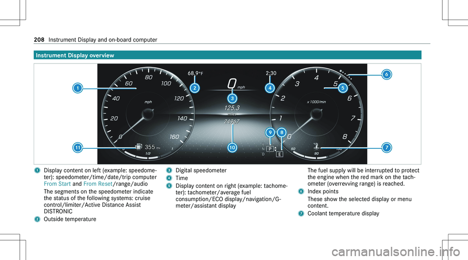 MERCEDES-BENZ GLA 2021  Owners Manual �I�n�s�t�r�u�m�e�n�t��D�i�s�p�l�a�y��o�v�e�r�v�i�e�w�1�D�i�s�p�l�a�y� �c�o�n�t�e�n�t� �o�n� �l�e�f�t� �(�e�x�a�m�p�l�e�:� �s�p�e�e�d�o�m�e