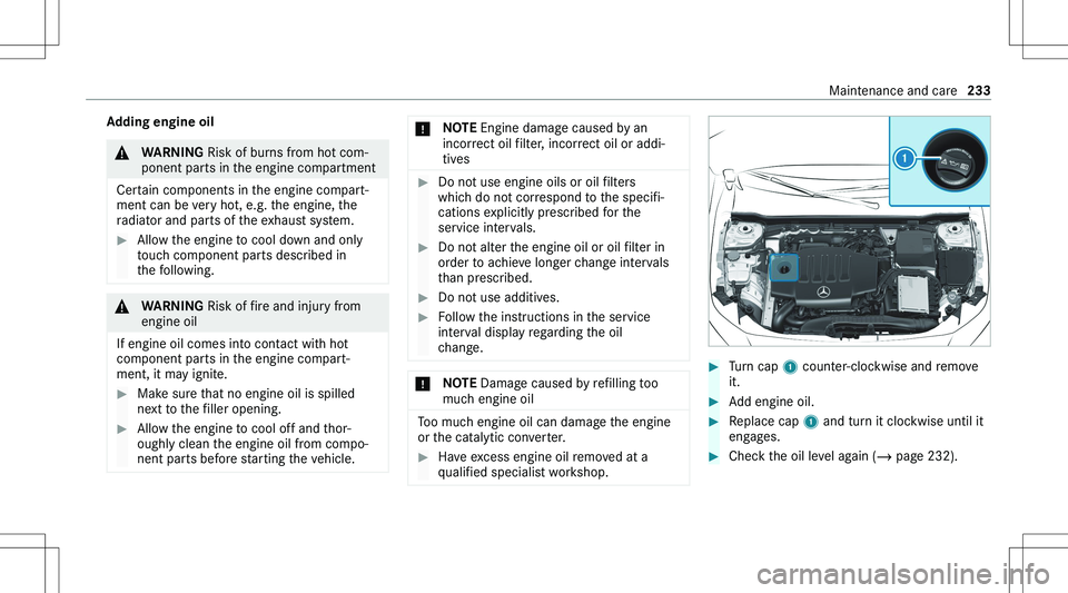 MERCEDES-BENZ GLA 2021  Owners Manual �A�d�d�i�n�g��e�n�g�i�n�e��o�i�l�&�W�A�R�N�I�N�G� �R�i�s�k� �o�f� �b�u�r�n�s� �f�r�o�m� �h�o�t� �c�o�m