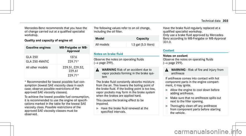 MERCEDES-BENZ GLA 2021  Owners Manual �M�e�r�c�e�d�e�s�-�B�e�n�z� �r�e�c�o�m�m�e�n�d�s� �t�h�a�t� �y�o�u� �h�a�v�e� �t�h�e
�o�i�l� �c�h�a�n�g�e� �c�a�r�r�i�e�d� �o�u�t� �a�t� �a� �q�u�a�l�i�f�i�e�d� �s�p�e�c�i�a�l�i�s�t
�w�o�r�k�s�h�o�p�.