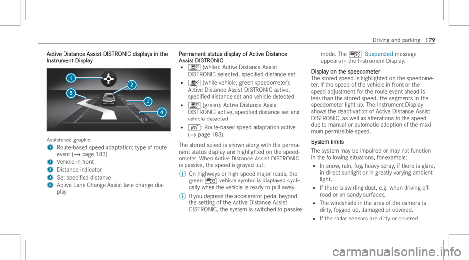 MERCEDES-BENZ GLA 2022  Owners Manual AA
ctiv ctiv
eDis t e
Dis tance Assis ance
AssistDIS t
DIS TR TR
ONIC display ONIC
displays in t s
in the he
Ins Ins
tr tr
umen tDispla y umen
tDispla y Assis
tance graphic
1 Route-based speedadaptati
