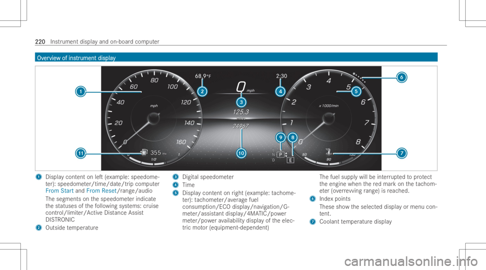 MERCEDES-BENZ GLA 2022  Owners Manual OvOv
er er
vie vie
wof ins w
of ins tr tr
ument display ument
display 1
Displa ycont entonleT (exa mp le:speedome-
te r): speedome ter/time/dat e/tripcom puter
From StartandFrom Reset/r ange/audio
Th