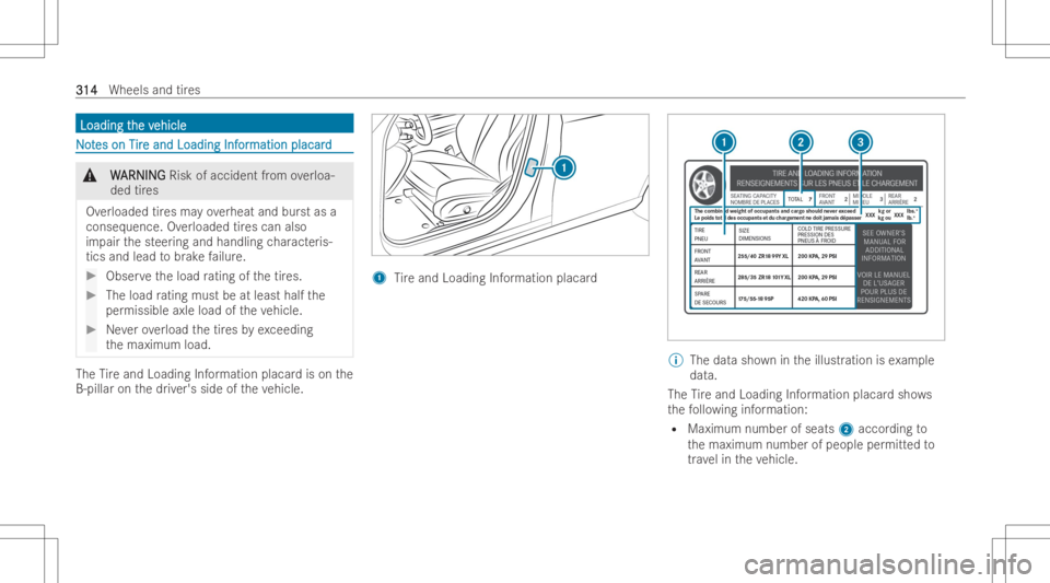 MERCEDES-BENZ GLA 2022  Owners Manual Loading
t Loading
the v he
vehic le ehic
le NNo o
t t
es on T es
on Tir ir
e and Loading Inf e
and Loading Infor or
mation placard mation
placard &
W W
ARNING ARNING
Riskofacc ident from overloa-
ded 