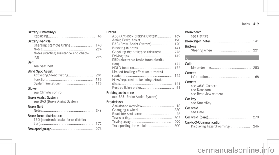 MERCEDES-BENZ GLA 2022  Owners Manual BattBatt
er er
y(Sm ar y
(Sm artK e tK
ey) y)
Re placing.. ............................................... 68
Batt Batt
er er
y(v y
(v ehicle) ehicle)
Char ging (Remo teOnlin e)...................... 