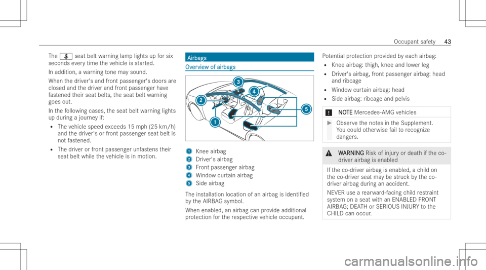 MERCEDES-BENZ GLA 2022 Service Manual The
00E9 seatbel twa rning lamplights upforsix
seconds everytime theve hicle isstar ted.
In addition, awa rning tone maysou nd.
Whe nth edr iver's andfront passeng er'sdoor sar e
closed andthe