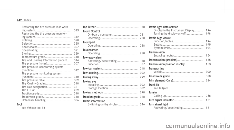MERCEDES-BENZ GLA 2022  Owners Manual Re
star ting thetir epr essur eloss warn-
ing system.. ...........................................3 13
Re star ting thetir epr essur emonit or-
ing system.. ...........................................