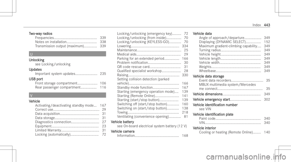 MERCEDES-BENZ GLA 2022  Owners Manual TT
w w
o-w a o-w
ay r y
radios adios
Fr eq uencies. ..........................................339
No teson installation .............................. 338
Tr ansmi ssionoutput (maximum )............. 