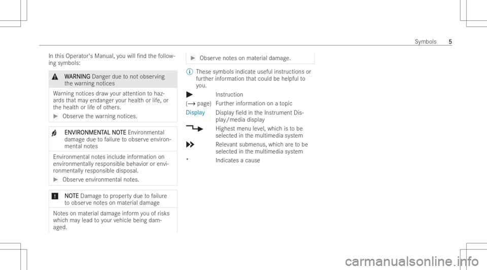 MERCEDES-BENZ GLA 2022  Owners Manual In
this Oper ator's Manual, youwill /ndth efo llo w-
ing symbo ls: &
W W
ARNIN G ARNIN
GDang erdue tonotobs erving
th ewa rning notices
Wa rning notices draw your att ention tohaz-
ar ds that ma 