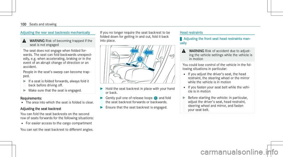 MERCEDES-BENZ GLA 2023  Owners Manual �A�d�j�u�s�t�i�n�g� �t�h�e� �r�e�a�r� �s�e�a�t� �b�a�c�k�r�e�s�t�s� �m�e�c�h�a�n�i�c�a�l�l�y�&�W�A�R�N�I�N�G� �R�i�s�k� �o�f� �b�e�c�o�m�i�n�g� �t�r�a�p�p�e�d� �i�f� �t�h�e
�s�e�a�t� �i�s� �n�o�t� �e�