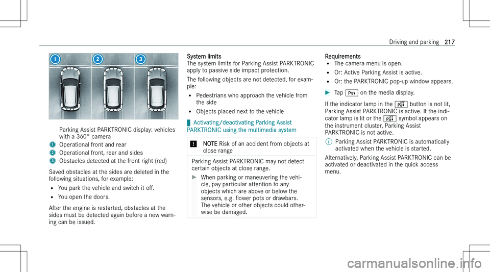 MERCEDES-BENZ GLA 2023  Owners Manual �P�a�r�k�i�n�g� �A�s�s�i�s�t� �P�A�R�K�T�R�O�N�I�C� �d�i�s�p�l�a�y�:� �v�e�h�i�c�l�e�s
�w�i�t�h� �a� �3�6�0�°� �c�a�m�e�r�a�1�O�p�e�r�a�t�i�o�n�a�l� �f�r�o�n�t� �a�n�d� �r�e�a�r�2�O�p�e�r�a�t�i�o�n�a