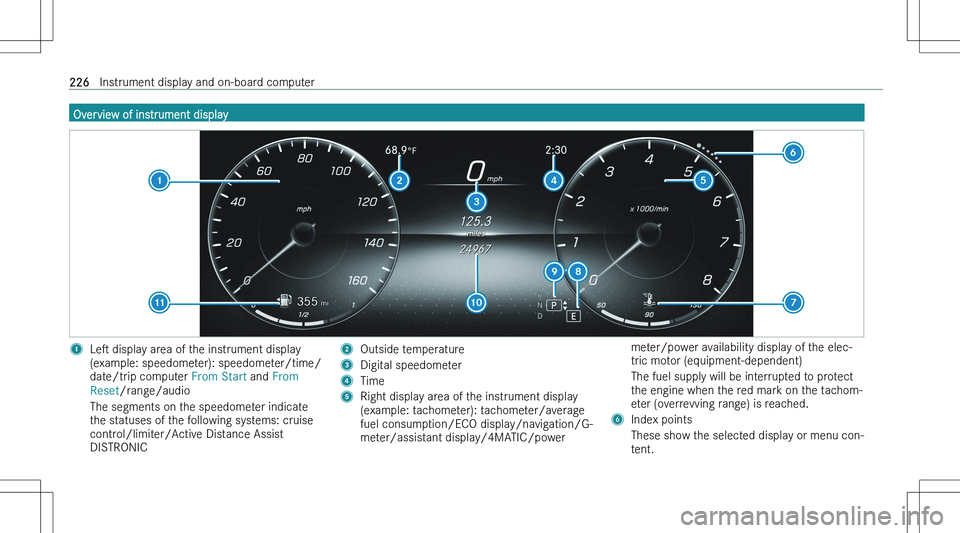 MERCEDES-BENZ GLA 2023  Owners Manual �O�v�e�r�v�i�e�w� �o�f� �i�n�s�t�r�u�m�e�n�t� �d�i�s�p�l�a�y�1�L�es� �d�i�s�p�l�a�y� �a�r�e�a� �o�f� �t�h�e� �i�n�s�t�r�u�m�e�n�t� �d�i�s�p�l�a�y
�(�e�x�a�m�p�l�e�:� �s�p�e�e�d�o�m�e�t�e�r�)�:� �s�p�
