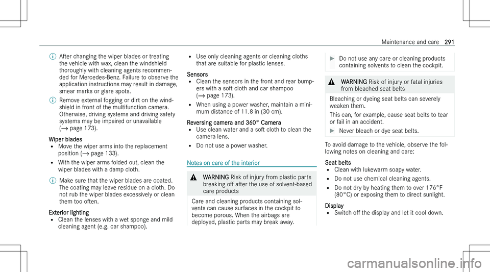 MERCEDES-BENZ GLA 2023  Owners Manual �\b�As�e�r� �c�h�a�n�g�i�n�g� �t�h�e� �w�i�p�e�r� �b�l�a�d�e�s� �o�r� �t�r�e�a�t�i�n�g
�t�h�e� �v�e�h�i�c�l�e� �w�i�t�h� �w�a�x�,� �c�l�e�a�n� �t�h�e� �w�i�n�d�s�h�i�e�l�d
�t�h�o�r�o�u�g�h�l�y� �w�i�
