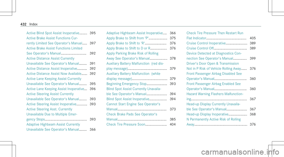 MERCEDES-BENZ GLA 2023  Owners Manual �A�c�t�i�v�e� �B�l�i�n�d� �S�p�o�t� �A�s�s�i�s�t� �I�n�o�p�e�r�a�t�i�v�e�.�.�.�.�.�.�.�. �3�9�5
�A�c�t�i�v�e� �B�r�a�k�e� �A�s�s�i�s�t� �F�u�n�c�t�i�o�n�s� �C�u�r�-
�r�e�n�t�l�y� �L�i�m�i�t�e�d� �S�e�