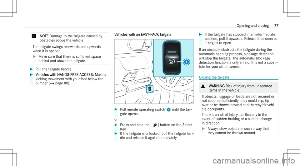 MERCEDES-BENZ GLA 2023 Manual PDF �*�N�O�T�E� �D�a�m�a�g�e� �t�o� �t�h�e� �t�a�i�l�g�a�t�e� �c�a�u�s�e�d� �b�y
�o�b�s�t�a�c�l�e�s� �a�b�o�v�e� �t�h�e� �v�e�h�i�c�l�e
�T�h�e� �t�a�i�l�g�a�t�e� �s�w�i�n�g�s� �r�e�a�r�w�a�r�d�s� �a�n�d� 