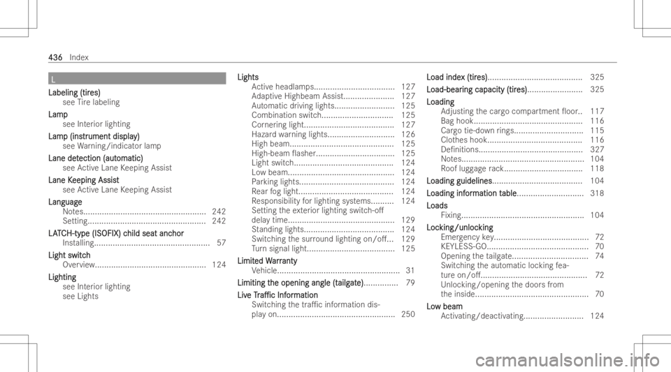 MERCEDES-BENZ GLB 2022  Owners Manual LL
Labeling (tir Labeling
(tires) es)
see Tire labeling
Lam p Lam
p
see Interior lighting
Lam Lam
p(ins p
(instr tr
ument displa ument
display) y)
see Warning/in dicatorlam p
Lane det Lane
detection (