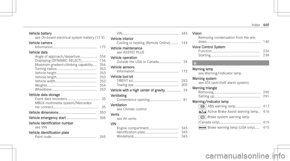MERCEDES-BENZ GLB 2022 Owners Manual VV
ehicle batt ehicle
battery er
y
see On-boar delectr icalsystem batt ery(12 V)
V V
ehicle camera ehicle
camera
Inf ormation..... ....................................... 172
V V
ehicle data ehicle
da MERCEDES-BENZ GLB 2022 Owners Manual VV
ehicle batt ehicle
battery er
y
see On-boar delectr icalsystem batt ery(12 V)
V V
ehicle camera ehicle
camera
Inf ormation..... ....................................... 172
V V
ehicle data ehicle
da