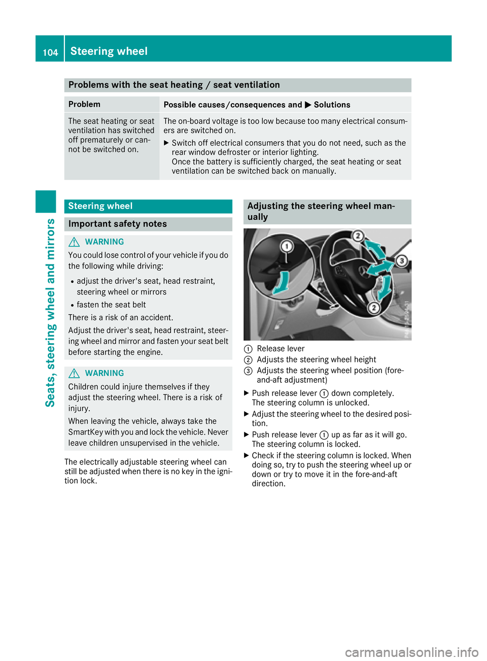 MERCEDES-BENZ GLC 2017  Owners Manual Problems with the seat heating / seat ventilation Problem
Possible causes/consequences and �P Solutions
The seat heating or seat
ventilation has switched
off prematurely or can-
not be switched on. Th