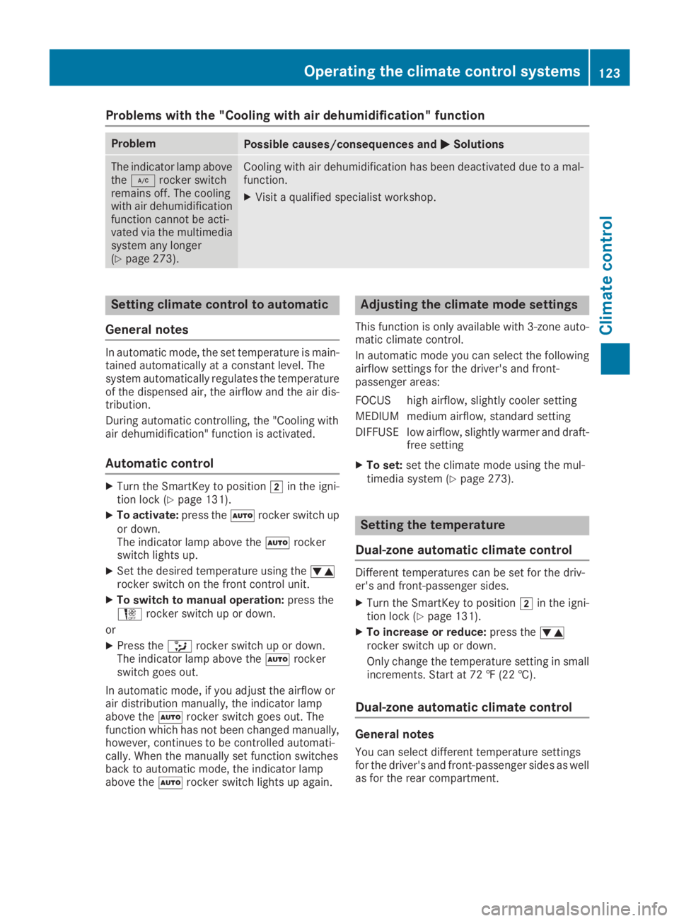 MERCEDES-BENZ GLC 2019  Owners Manual Problems with the "Cooling with air dehumidification" function
ProblemPossible causes/consequences and�P�PSolutions
The indicator lamp abovethe�Zrocker switchremains off. The coolingwith air d