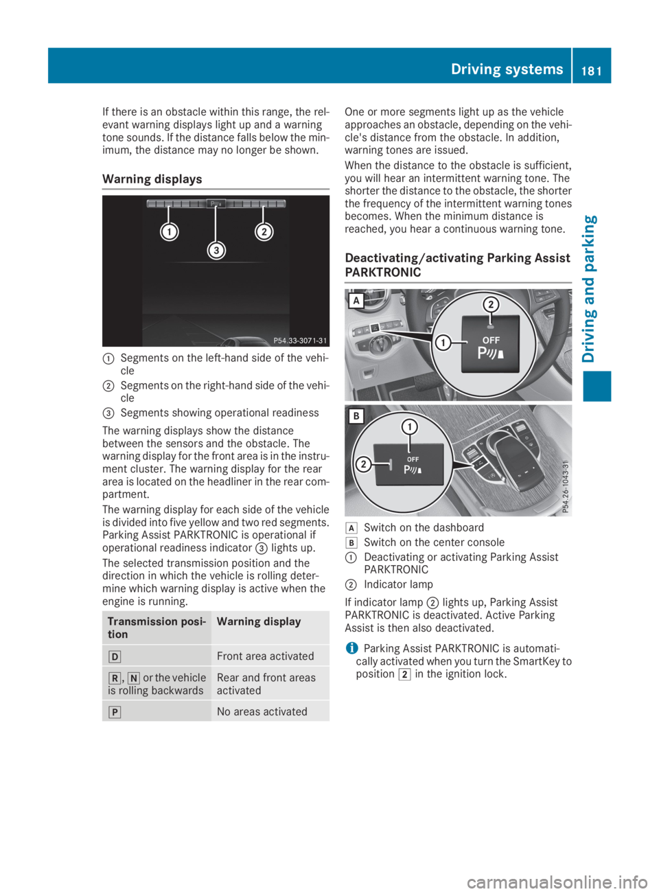 MERCEDES-BENZ GLC 2019 Owners Manual If there is an obstacle within this range, the rel-evant warning displays light up and a warningtone sounds. If the distance falls below the min-imum, the distance may no longer be shown.
Warning disp MERCEDES-BENZ GLC 2019 Owners Manual If there is an obstacle within this range, the rel-evant warning displays light up and a warningtone sounds. If the distance falls below the min-imum, the distance may no longer be shown.
Warning disp