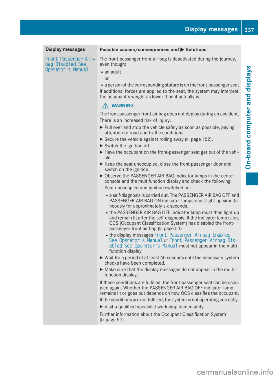 MERCEDES-BENZ GLC 2019  Owners Manual Display messagesPossible causes/consequences and�P�PSolutions
FrontFrontPassengerPassengerAir‐Air‐bag Disabled Seebag Disabled SeeOperator's ManualOperator's Manual
The front-passenger fro