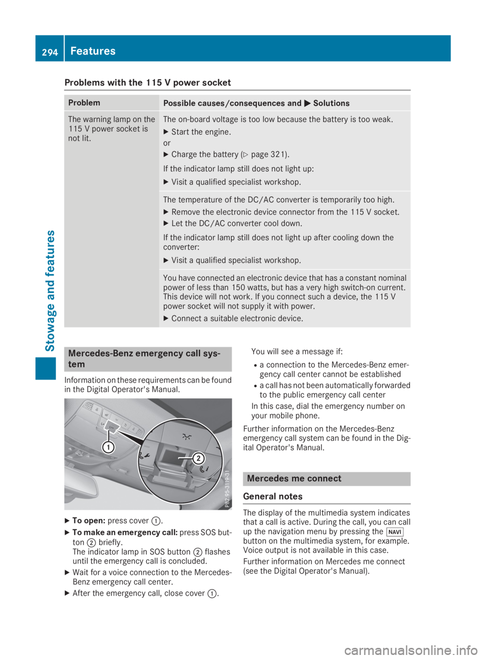 MERCEDES-BENZ GLC 2019  Owners Manual Problems with the 115 V power socket
ProblemPossible causes/consequences and�P�PSolutions
The warning lamp on the115 V power socket isnot lit.
The on-board voltage is too low because the battery is to