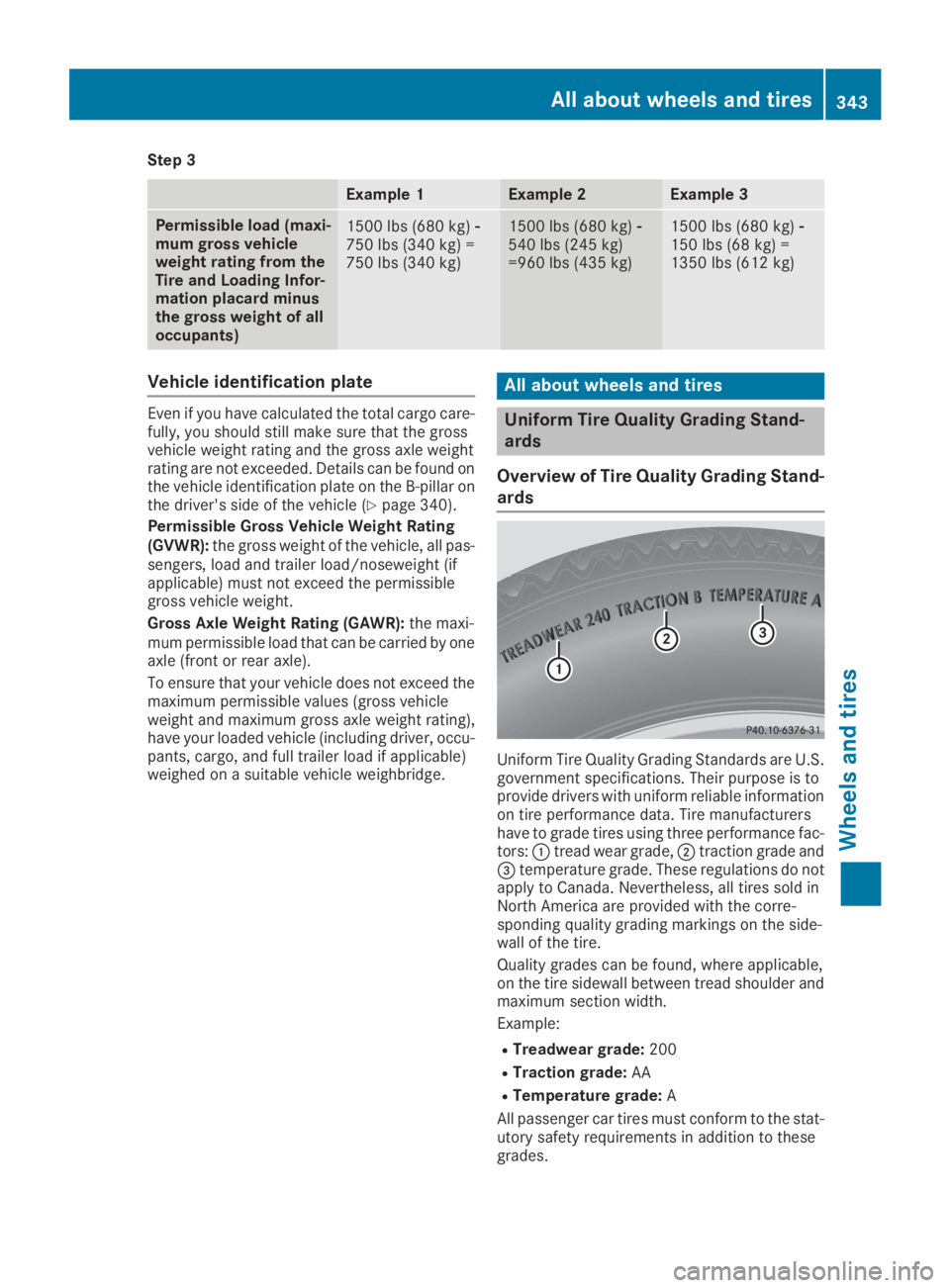 MERCEDES-BENZ GLC 2019  Owners Manual Step 3
Example 1Example 2Example 3
Permissible load (maxi-mum gross vehicleweight rating from theTire and Loading Infor-mation placard minusthe gross weight of alloccupants)
1500 lbs (680 kg)�