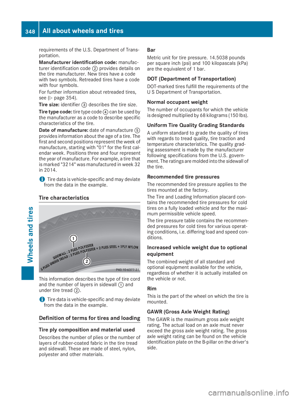 MERCEDES-BENZ GLC 2019  Owners Manual requirements of the U.S. Department of Trans-portation.
Manufacturer identification code:manufac-turer identification code�Dprovides details onthe tire manufacturer. New tires have a codewith two symb