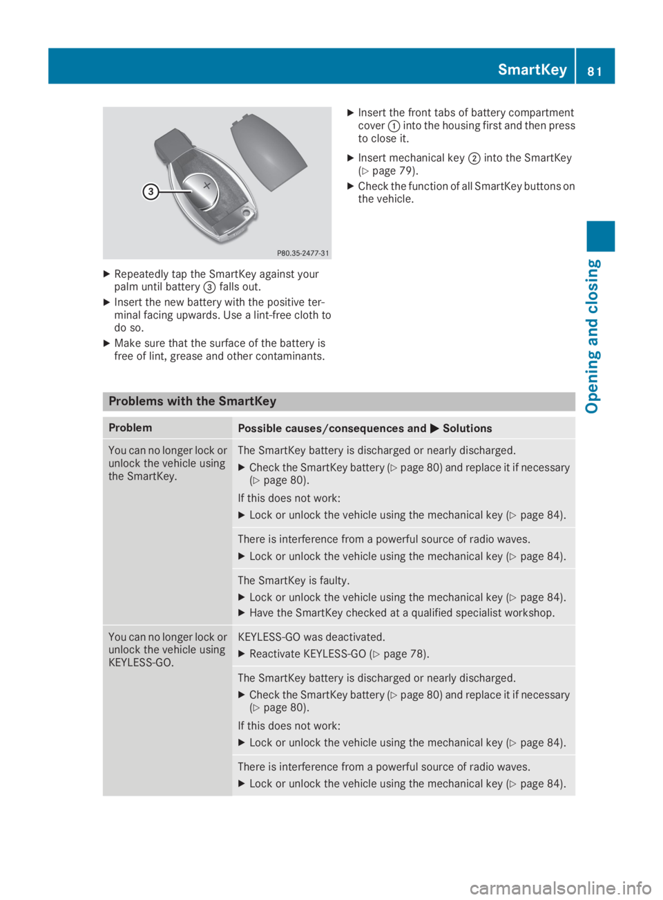 MERCEDES-BENZ GLC 2019 Manual Online XRepeatedly tap the SmartKey against yourpalm until battery�