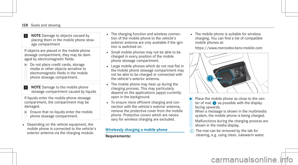 MERCEDES-BENZ GLC 2020  Owners Manual *
NO
TEDama getoobject scaused by
placing them inthemobile phonestow ‐
ag ecom partment If
obj ect sar eplace din themobile phone
st ow agecom partment ,th ey ma ybe dam‐
ag ed byelectr omagne tic