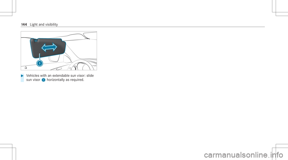 MERCEDES-BENZ GLC 2020 Owners Manual #
Vehicles withan extenda ble su nvis or:sl id e
su nvis or1 horizontally as requ ired. 14
4
Light andvisib ility MERCEDES-BENZ GLC 2020 Owners Manual #
Vehicles withan extenda ble su nvis or:sl id e
su nvis or1 horizontally as requ ired. 14
4
Light andvisib ility