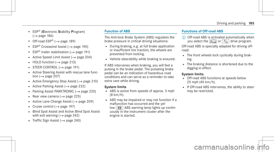 MERCEDES-BENZ GLC 2020 Owners Manual R
ESP ®
(E lectr oni cSta bility Program)
(/ page18 6)
R Off-road ESP®
(/ page18 9)
R ESP ®
Cr oss wind Assi st(/ pag e19 0)
R ESP ®
trai ler stabiliz ation(/ page19 1)
R ActiveSpe edLimi tAssi st MERCEDES-BENZ GLC 2020 Owners Manual R
ESP ®
(E lectr oni cSta bility Program)
(/ page18 6)
R Off-road ESP®
(/ page18 9)
R ESP ®
Cr oss wind Assi st(/ pag e19 0)
R ESP ®
trai ler stabiliz ation(/ page19 1)
R ActiveSpe edLimi tAssi st