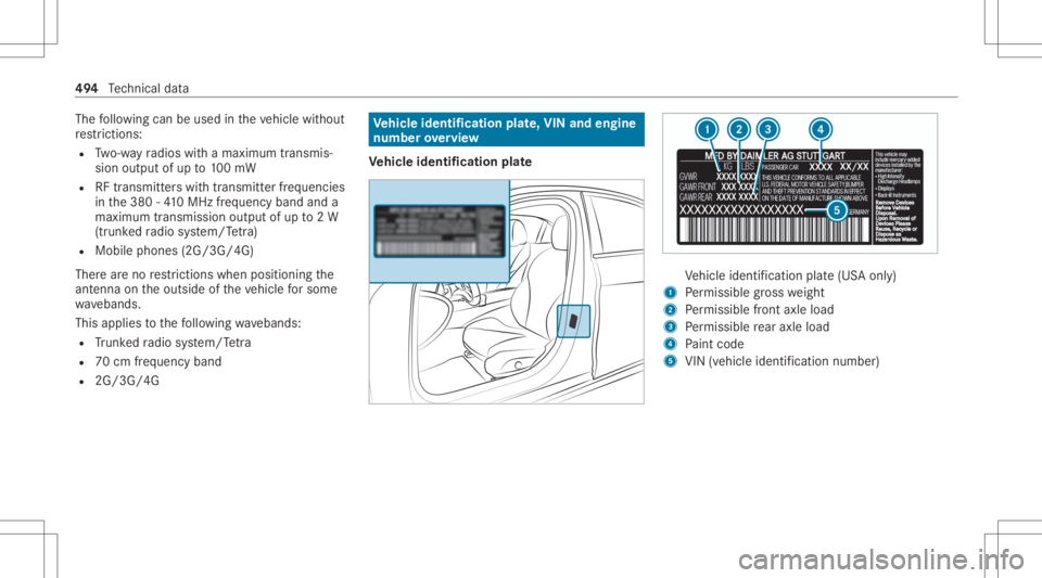 MERCEDES-BENZ GLC 2020 Owners Manual The
follo wing canbeused intheve hicle without
re strictions :
R Two-w ayradios withamaximum transmis ‐
sion output ofup to100mW
R RFtransmi tter swit htransmi tter freq uenci es
in the380 -41 0MHz MERCEDES-BENZ GLC 2020 Owners Manual The
follo wing canbeused intheve hicle without
re strictions :
R Two-w ayradios withamaximum transmis ‐
sion output ofup to100mW
R RFtransmi tter swit htransmi tter freq uenci es
in the380 -41 0MHz