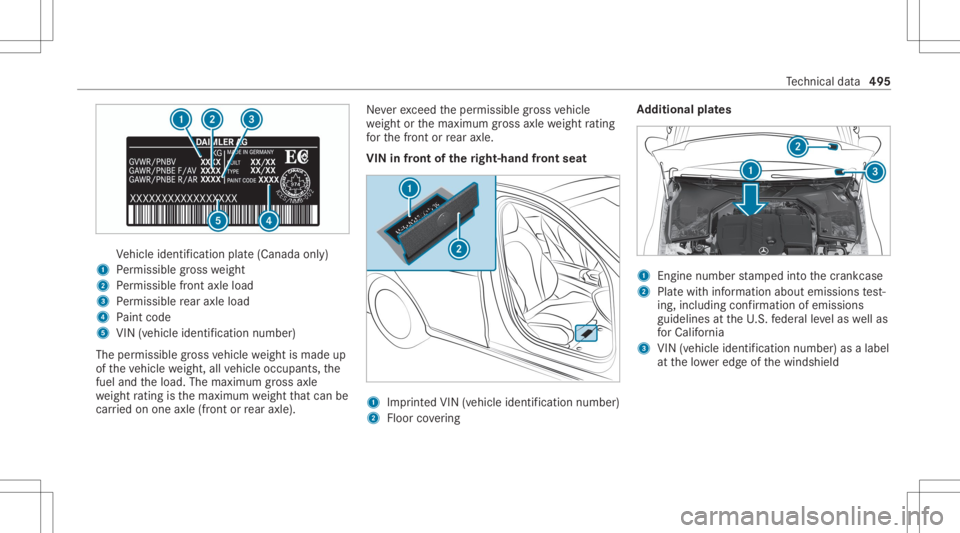 MERCEDES-BENZ GLC 2020 Owners Manual Ve
hicle identif ication plate(Canada only)
1 Perm issible gros swe ight
2 Perm issible front axle load
3 Perm issible rear axle load
4 Paint code
5 VIN (vehicle identificat ion numb er)
The permissib MERCEDES-BENZ GLC 2020 Owners Manual Ve
hicle identif ication plate(Canada only)
1 Perm issible gros swe ight
2 Perm issible front axle load
3 Perm issible rear axle load
4 Paint code
5 VIN (vehicle identificat ion numb er)
The permissib