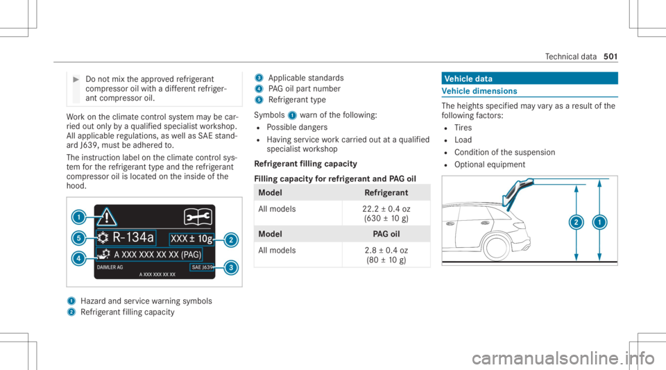 MERCEDES-BENZ GLC 2020  Owners Manual #
Donotmix theappr ovedre frig er ant
com pressor oilwithadif fere nt refrig er‐
ant com pressor oil. Wo
rkon theclimat econ trol system maybe car‐
ri ed out onlyby aqu alif ied spec ialistwo rksh