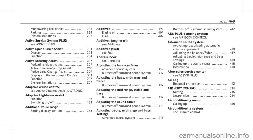MERCEDES-BENZ GLC 2020  Owners Manual Maneuv
ering assis tance <0011001100110011001100110011001100110011001100110011001100110011
001100110011001100110011> 238
Pa rking ................................................ 234
Sy stem limit ati